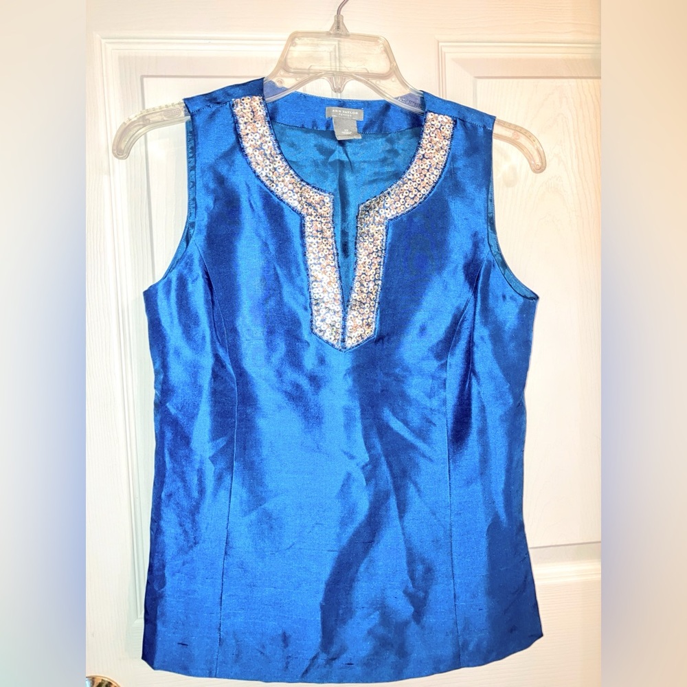 Vintage Ann Taylor 2P Petite Teal/Royal Blue Sequined Silk Sleeveless Party Top